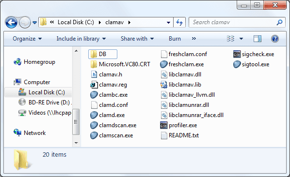 Screenshot of C:\ClamAV folder