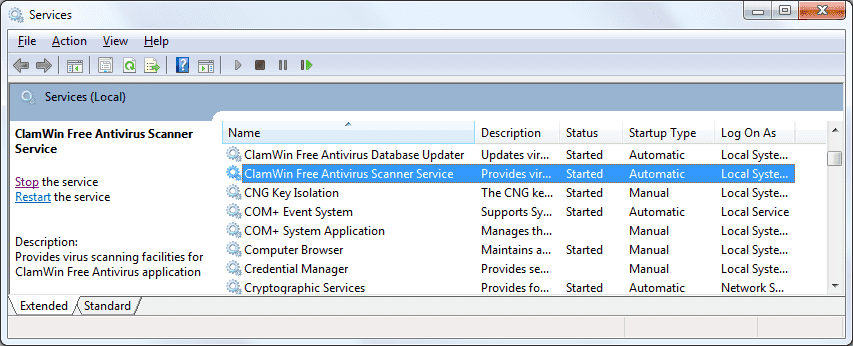 Screenshot of Windows Services